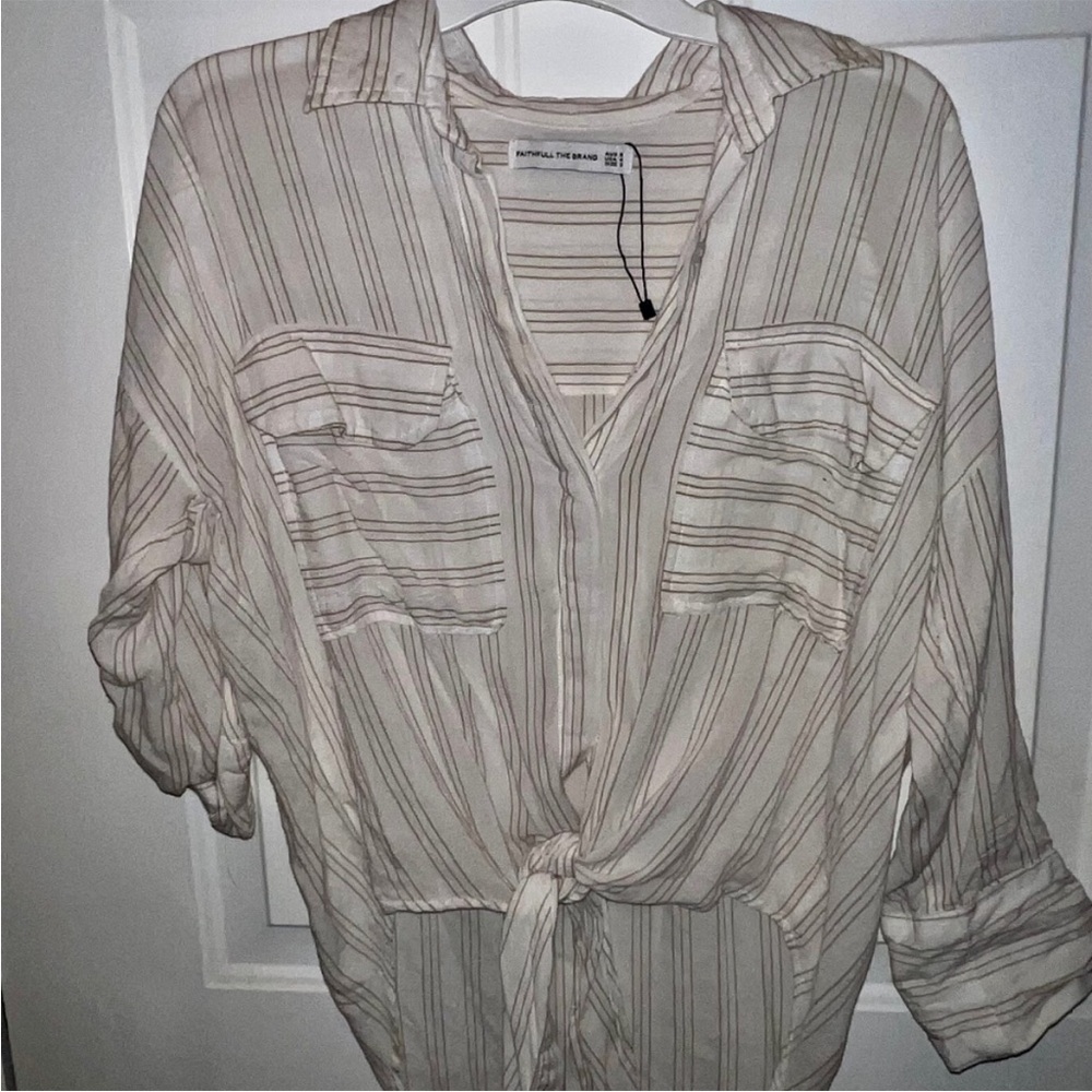 Faithful The Brand Striped Button-Up Blouse with Tie Front